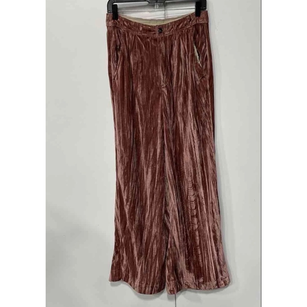 Free People Crushed Velvet Wide Leg Pants Dusty Rose Pink Boho High Rise Size 8 - Picture 2 of 4